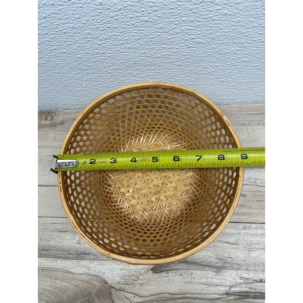 Vtg Handwoven Bamboo Round Wicker Basket 9